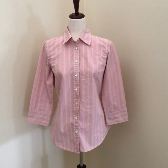 J. Crew. Button down 3/4 sleeve Shirt. Pink and Cream. Medium - Picture 1 of 9